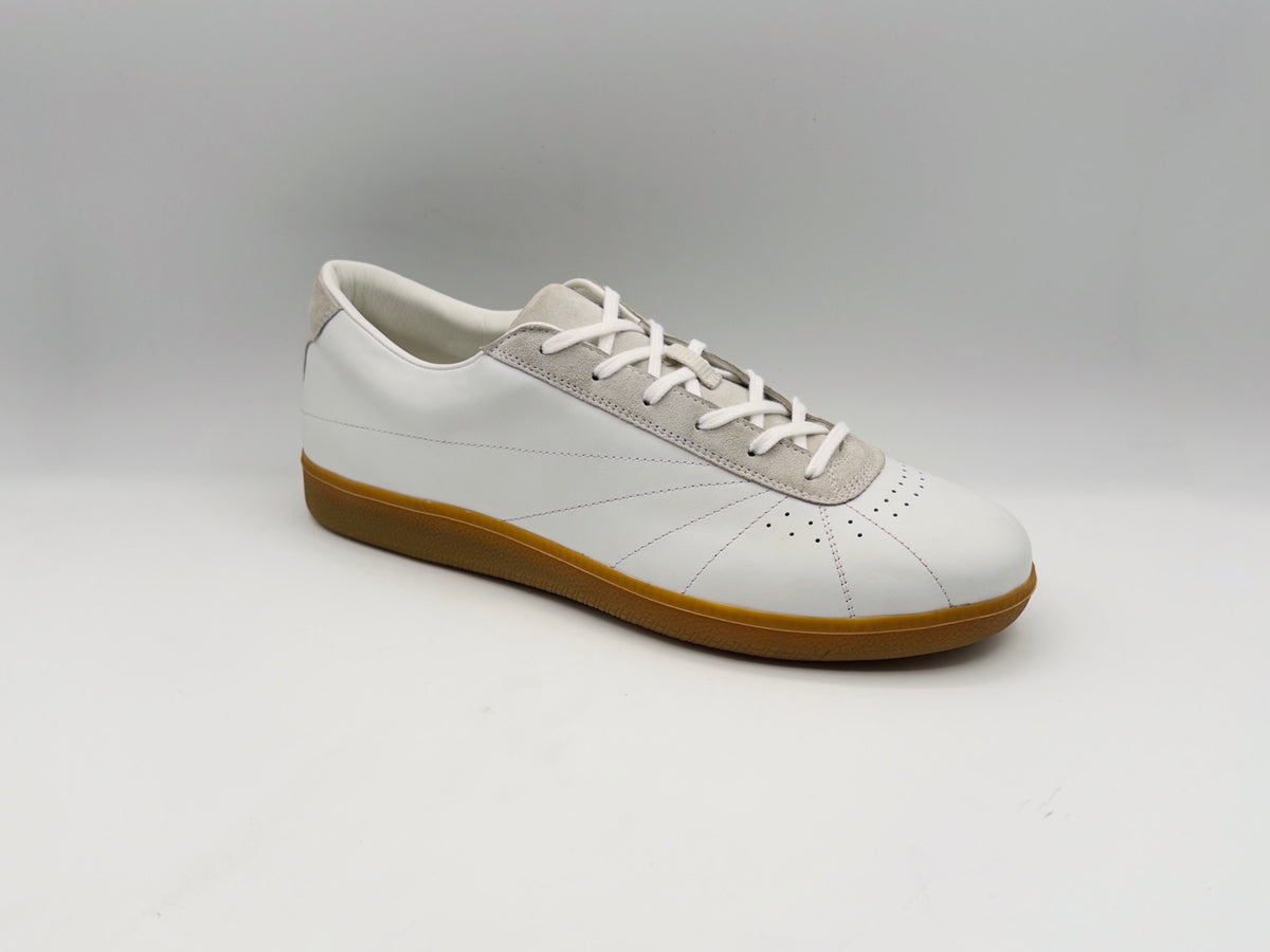 ZA-001 Court Trainer by Zula Athletics, white full-grain leather sneaker with grey suede accents and sunray stitching - view 2