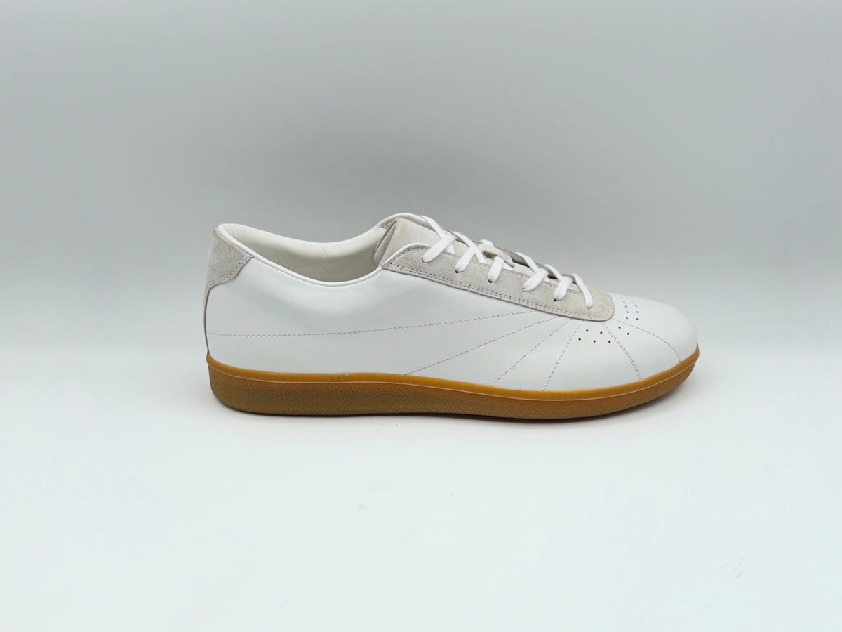 ZA-001 Court Trainer by Zula Athletics, white full-grain leather sneaker with grey suede accents and sunray stitching - view 1