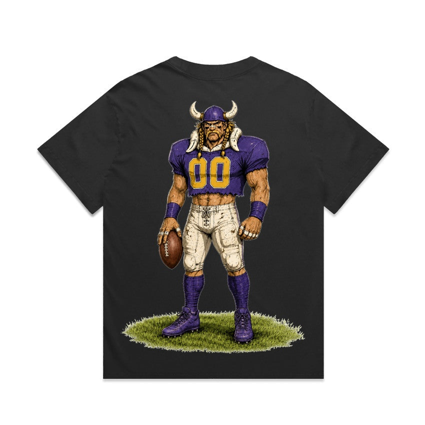 Zula Athletics Bold North Football Crew heavyweight T-shirt in Faded Black, back view with large graphic print