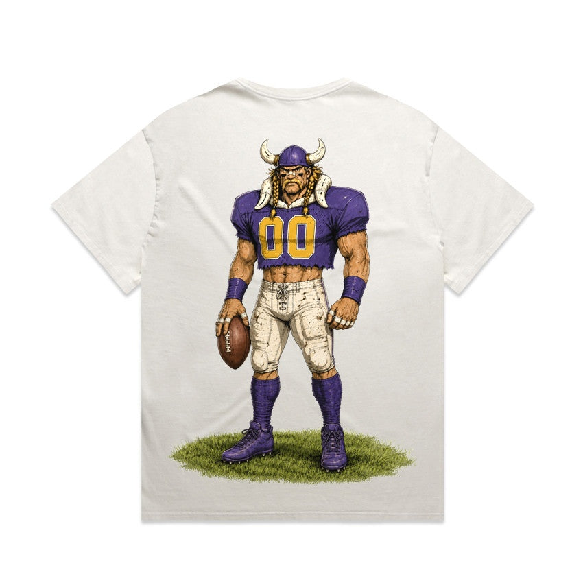 Zula Athletics Bold North Football Crew heavyweight T-shirt in Faded Bone, back view with large graphic print