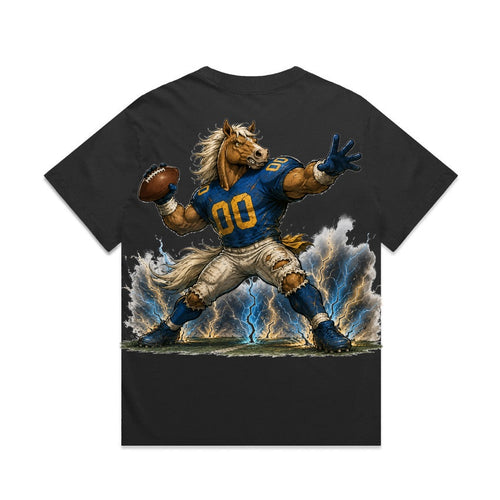 Zula Athletics Hollywood Football Crew heavyweight T-shirt in Faded Black, back view with large graphic print