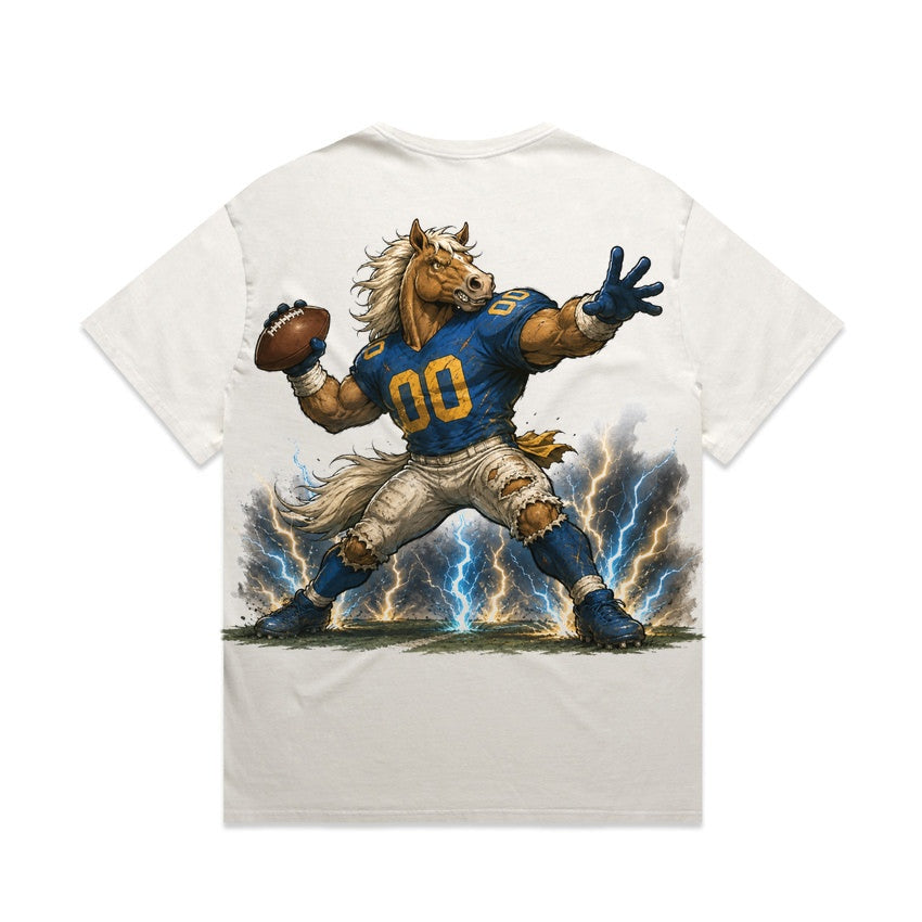 Zula Athletics Hollywood Football Crew heavyweight T-shirt in Faded Bone, back view with large graphic print