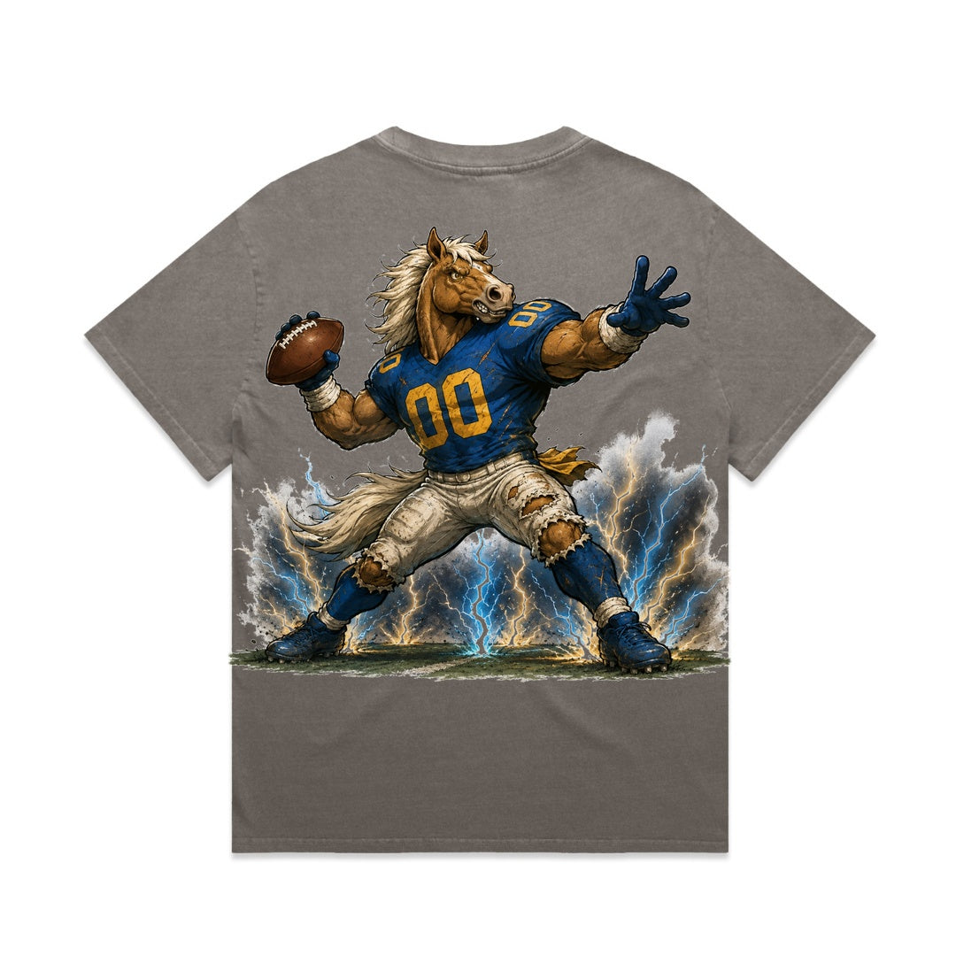 Zula Athletics Hollywood Football Crew heavyweight T-shirt in Faded Grey, back view with large graphic print