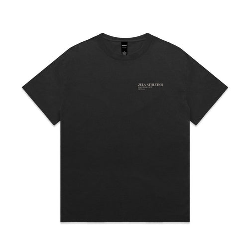 Zula Athletics Hollywood Football Crew heavyweight T-shirt in Faded Black, front view with left-chest logo