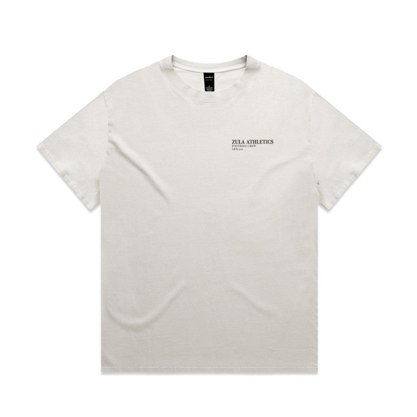 Zula Athletics Vice Coast Football Crew heavyweight T-shirt in Faded Bone, front view with left-chest logo