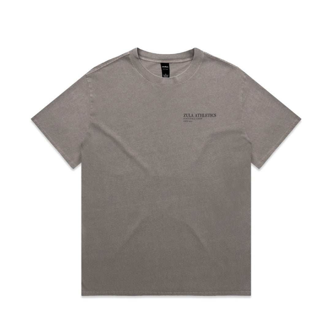 Zula Athletics Hollywood Football Crew heavyweight T-shirt in Faded Grey, front view with left-chest logo