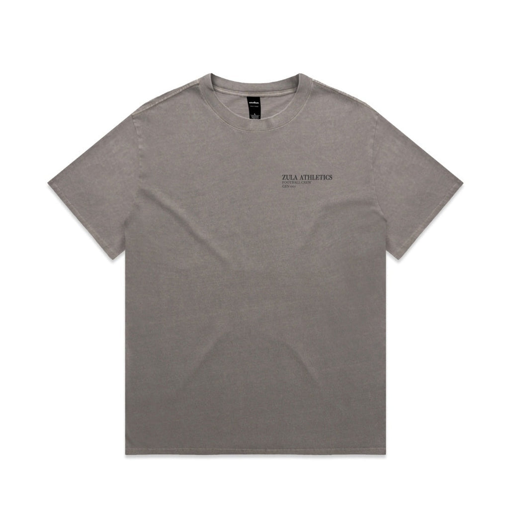 Zula Athletics Three Rivers Football Crew heavyweight T-shirt in Faded Grey, front view with left-chest logo