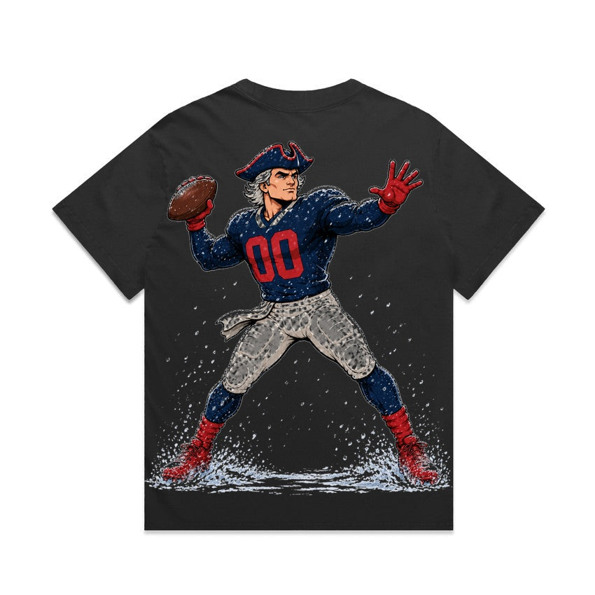 Zula Athletics Nor'easter Football Crew heavyweight T-shirt in Faded Black, back view with large graphic print