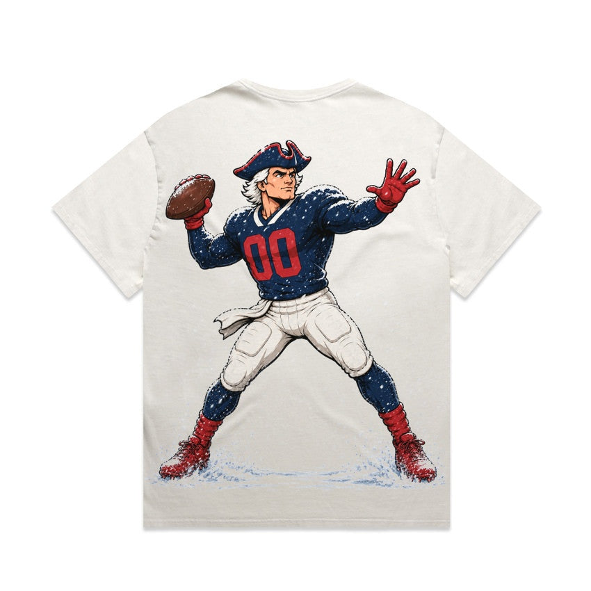 Zula Athletics Nor'easter Football Crew heavyweight T-shirt in Faded Bone, back view with large graphic print