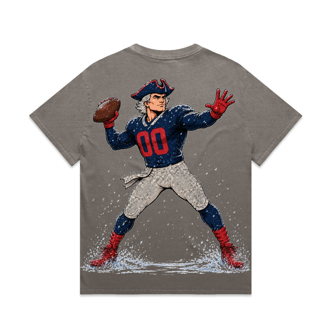 Zula Athletics Nor'easter Football Crew heavyweight T-shirt in Faded Grey, back view with large graphic print