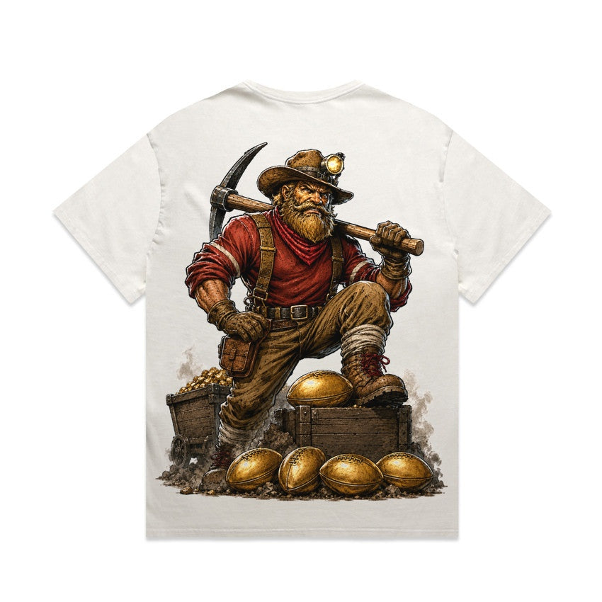 Zula Athletics The Gold Bay Football Crew heavyweight T-shirt in Faded Bone, back view with large graphic print