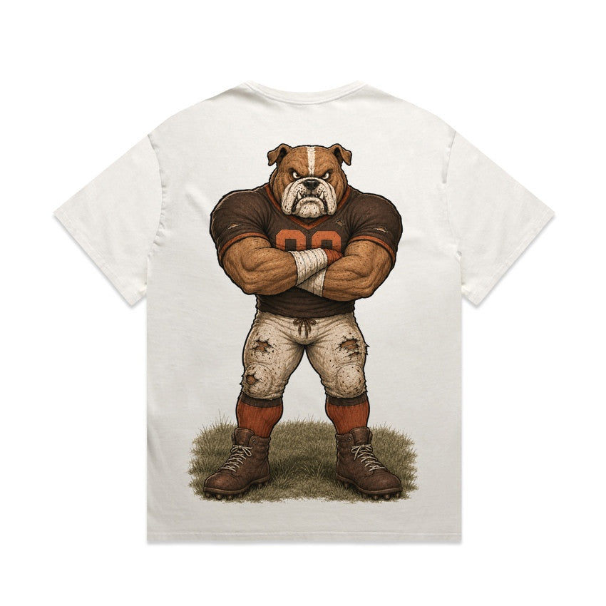 Zula Athletics The Land Football Crew heavyweight T-shirt in Faded Bone, back view with large graphic print