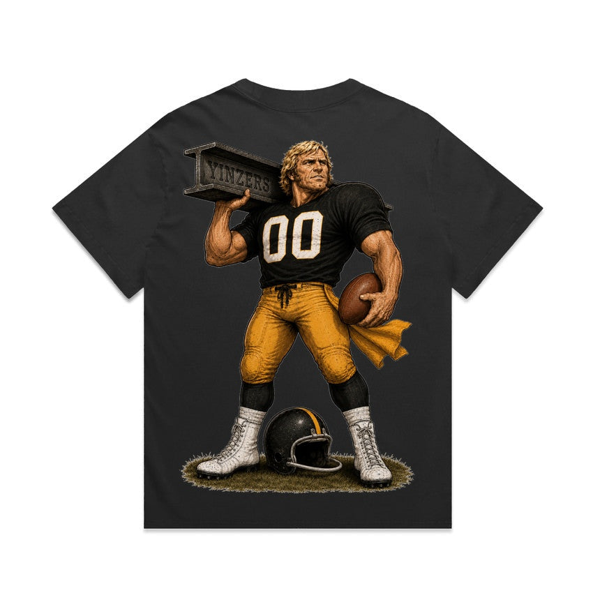 Zula Athletics Three Rivers Football Crew heavyweight T-shirt in Faded Black, back view with large graphic print