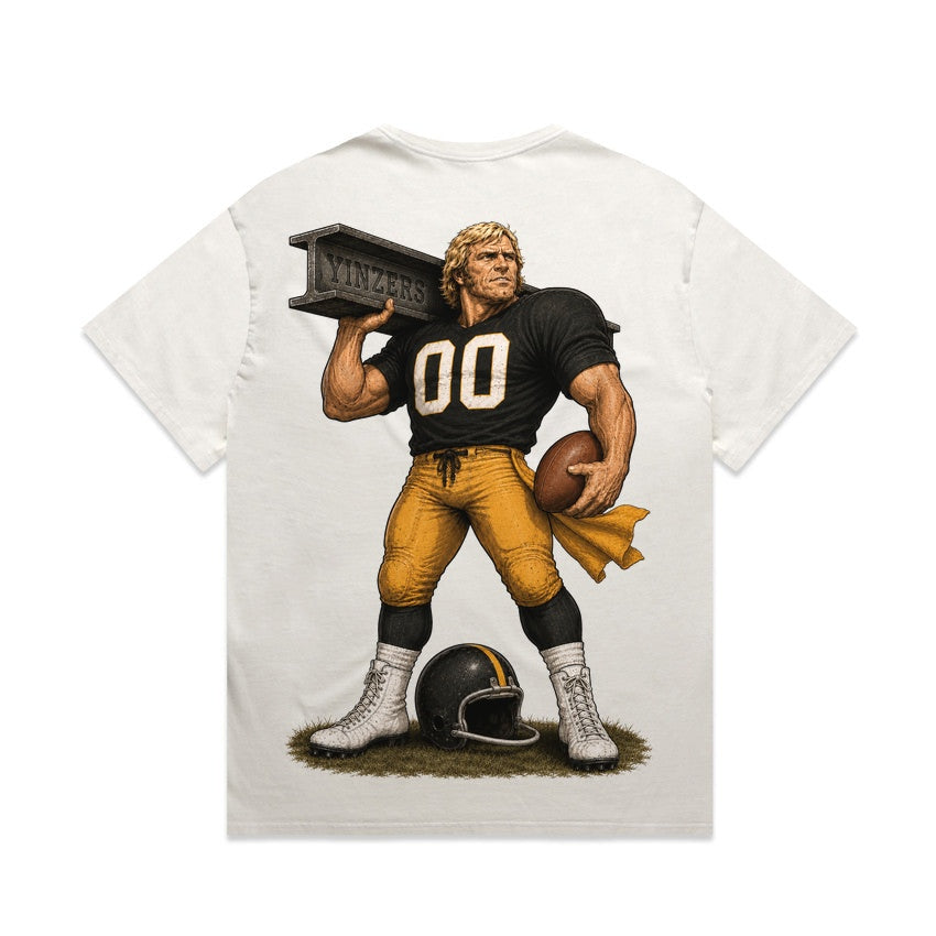 Zula Athletics Three Rivers Football Crew heavyweight T-shirt in Faded Bone, back view with large graphic print