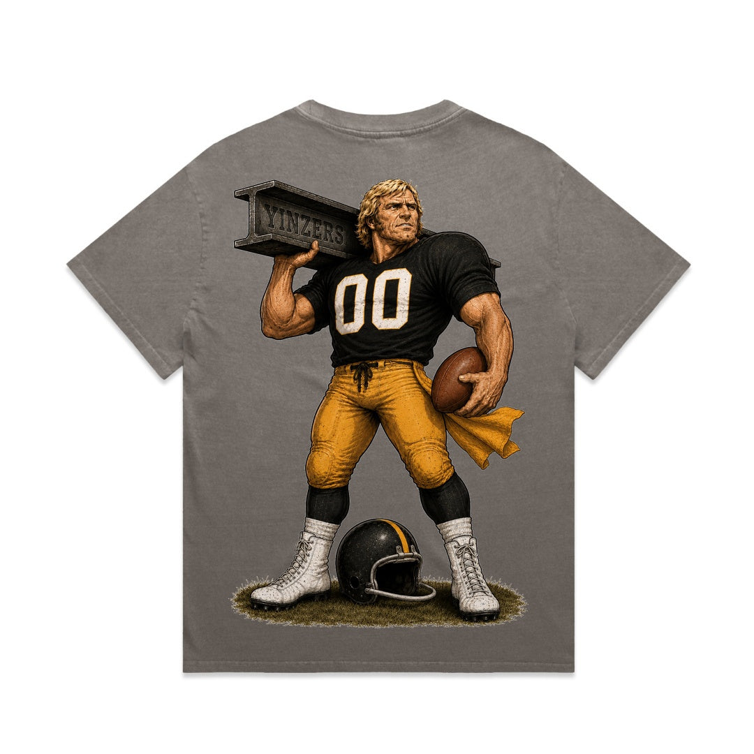Zula Athletics Three Rivers Football Crew heavyweight T-shirt in Faded Grey, back view with large graphic print