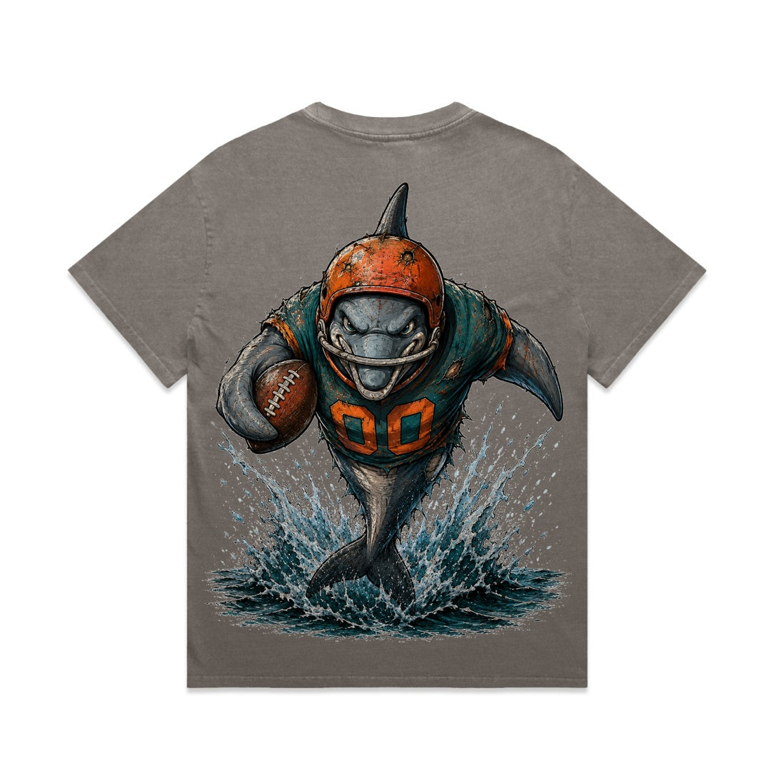 Zula Athletics Vice Coast Football Crew heavyweight T-shirt in Faded Grey, back view with large graphic print