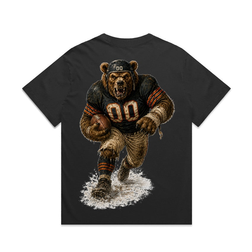 Zula Athletics Windy City Football Crew heavyweight T-shirt in Faded Black, back view with large graphic print