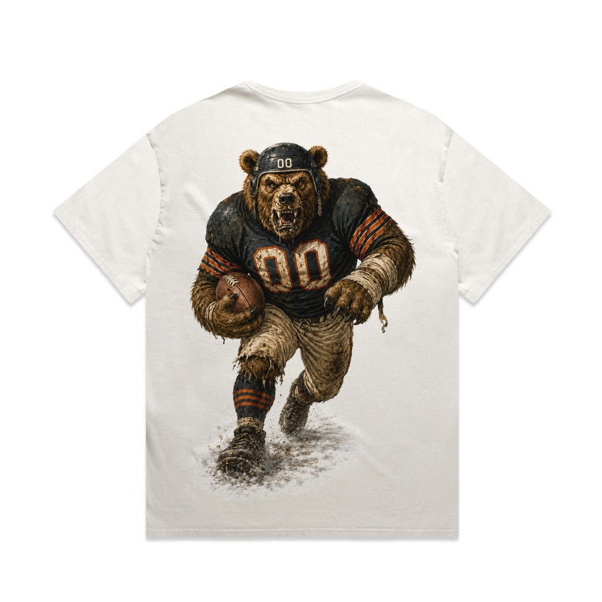 Zula Athletics Windy City Football Crew heavyweight T-shirt in Faded Bone, back view with large graphic print