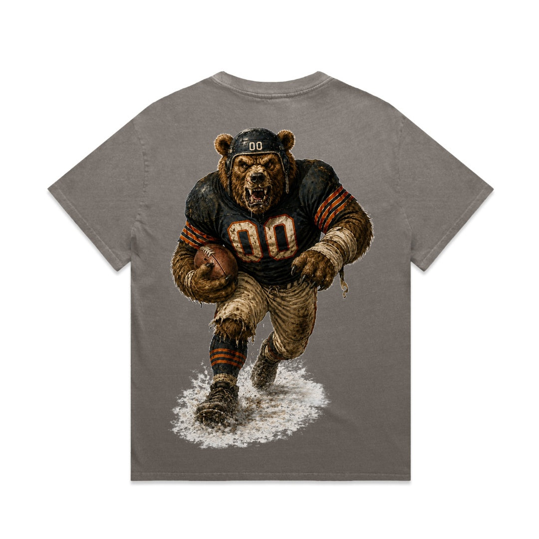 Zula Athletics Windy City Football Crew heavyweight T-shirt in Faded Grey, back view with large graphic print